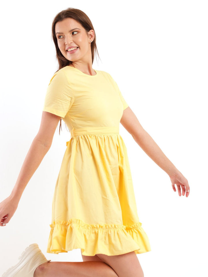Ladies Short Sleeve 50s Poplin Tea Dress - Yellow