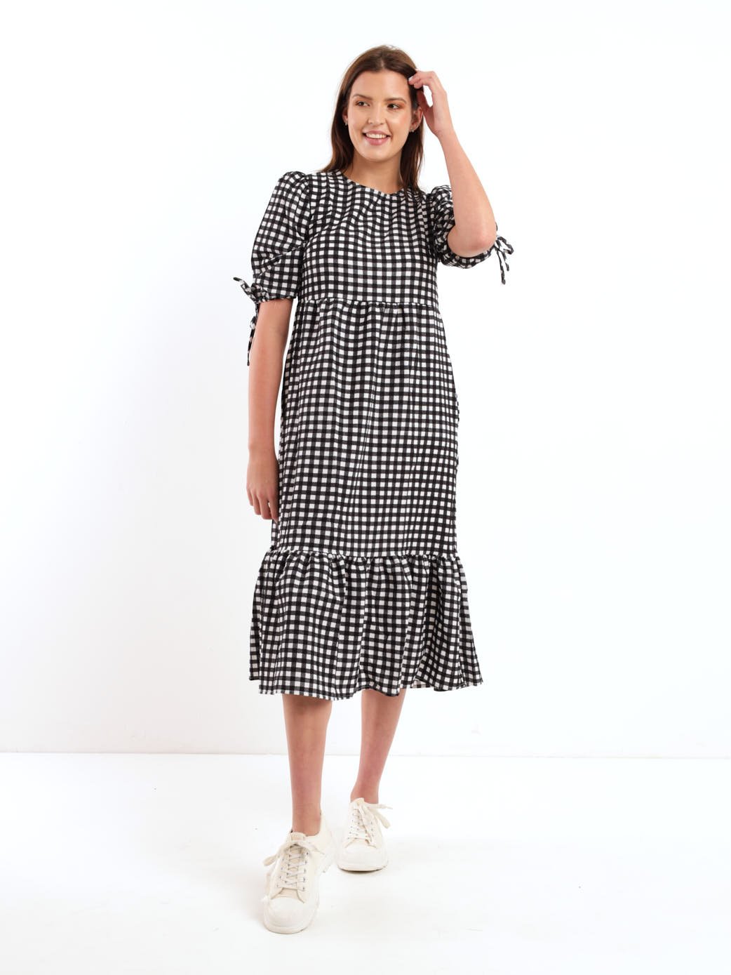 Ladies Short Sleeve Gingham Maxi Dress - Black/White