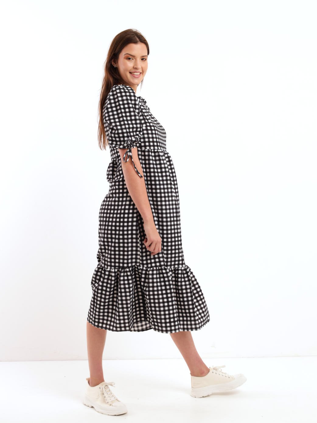 Ladies Short Sleeve Gingham Maxi Dress - Black/White