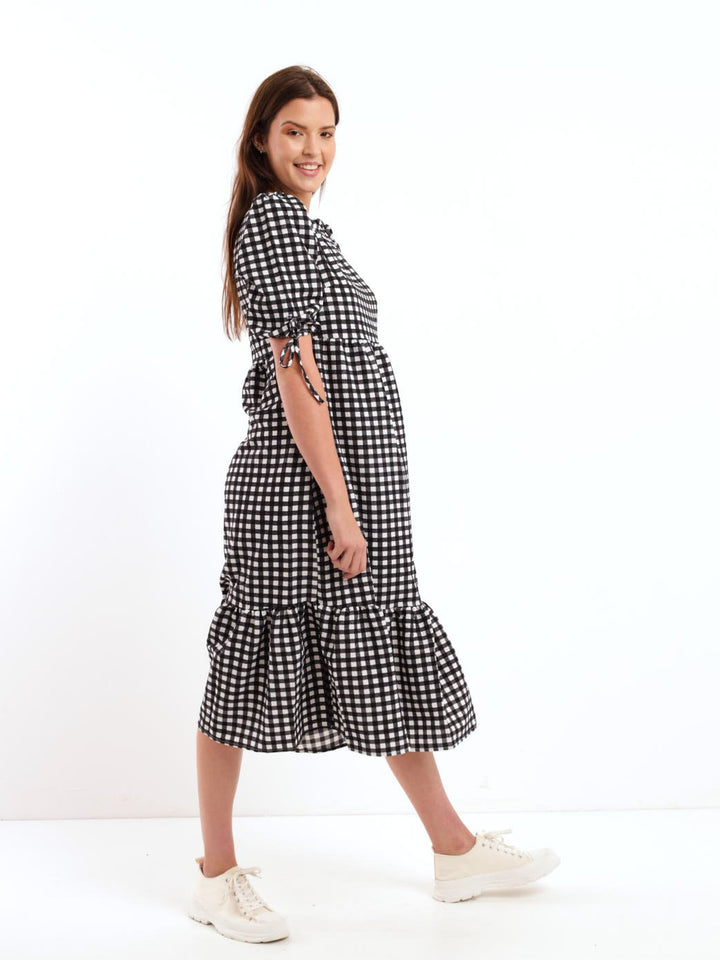 Ladies Short Sleeve Gingham Maxi Dress - Black/White