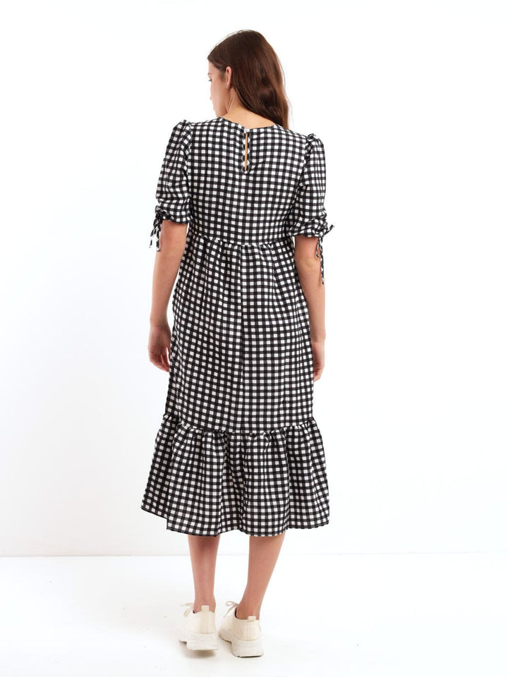 Ladies Short Sleeve Gingham Maxi Dress - Black/White