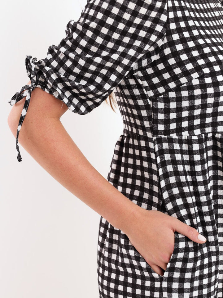 Ladies Short Sleeve Gingham Maxi Dress - Black/White