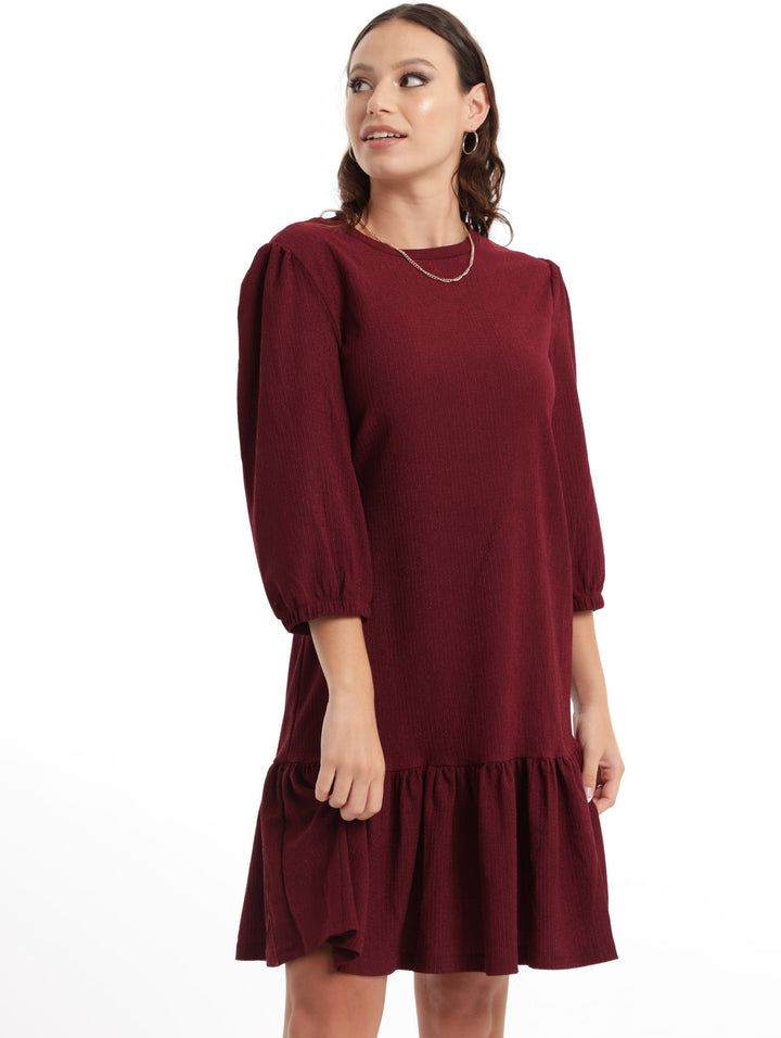 Ladies Drop Hem Crinkle A-Line Dress - Burgundy