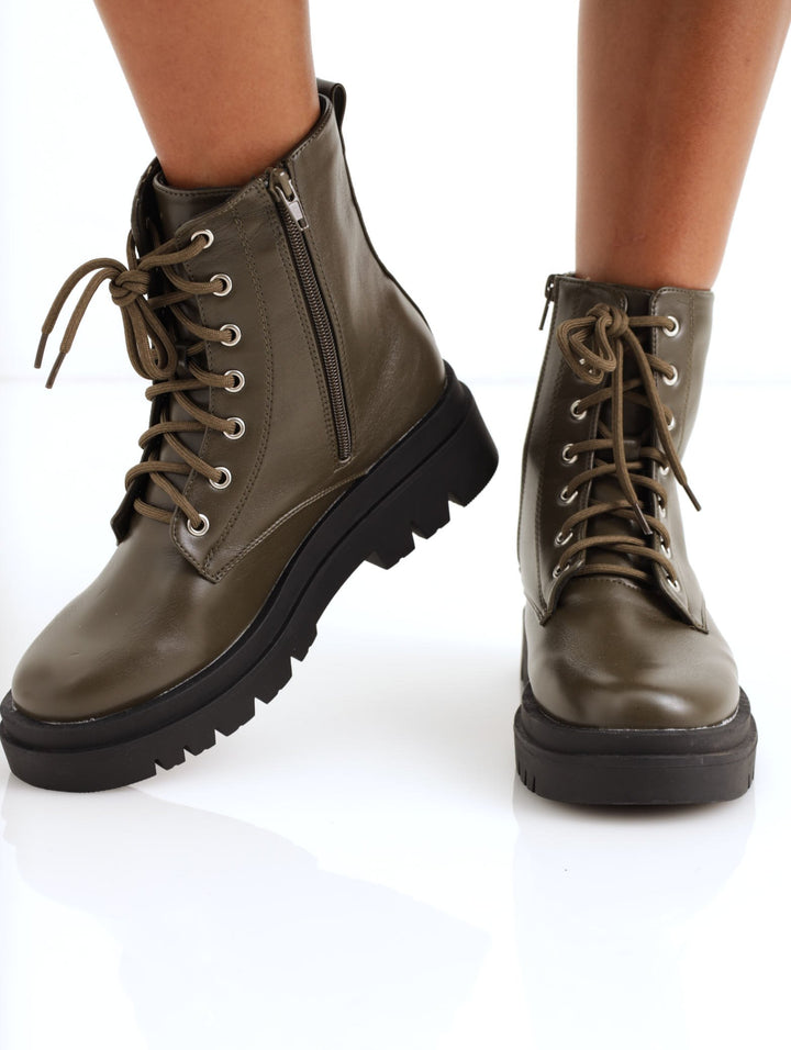 Ladies Military Chunky Sole Boot - Olive