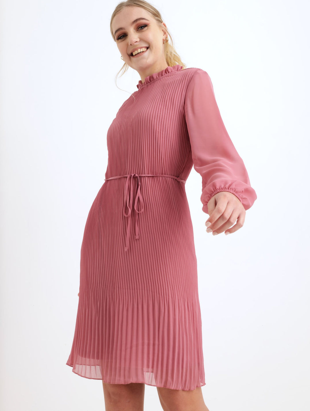 Ladies Long Sleeve Plain Pleated Chiffon Tea Dress - Dusty Pink