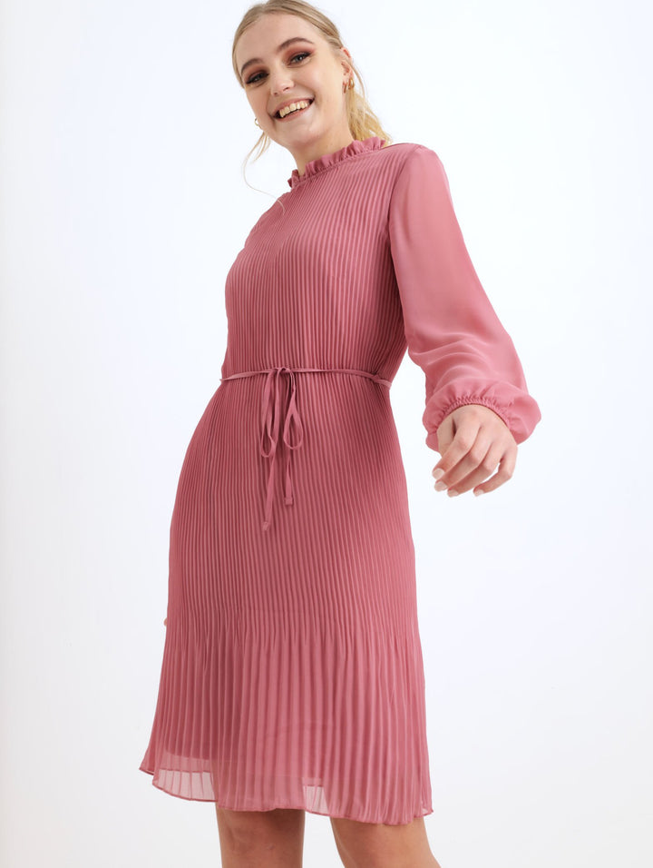 Ladies Long Sleeve Plain Pleated Chiffon Tea Dress - Dusty Pink