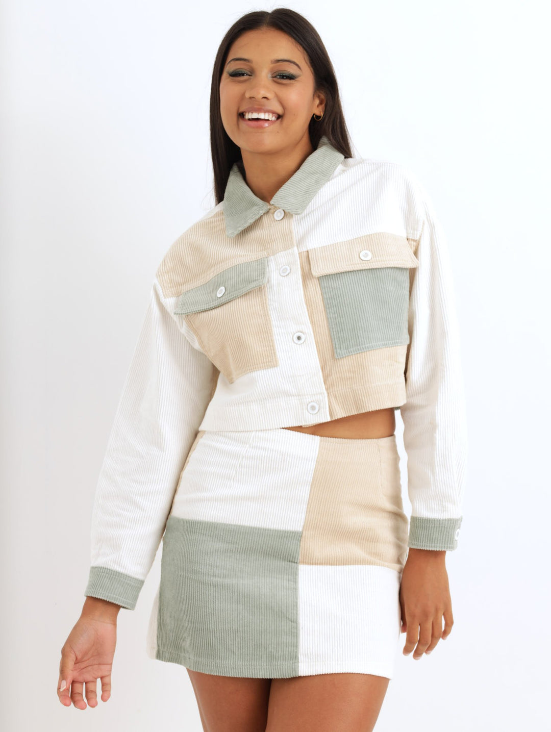 Ladies Cord Blocked Jacket - Sage