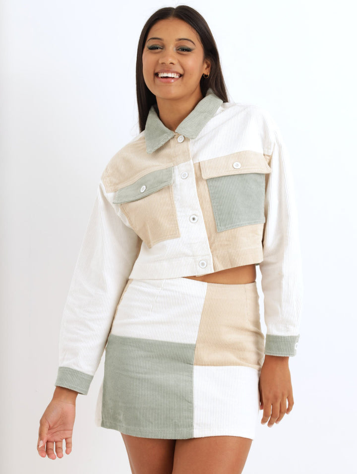 Ladies Cord Blocked Jacket - Sage