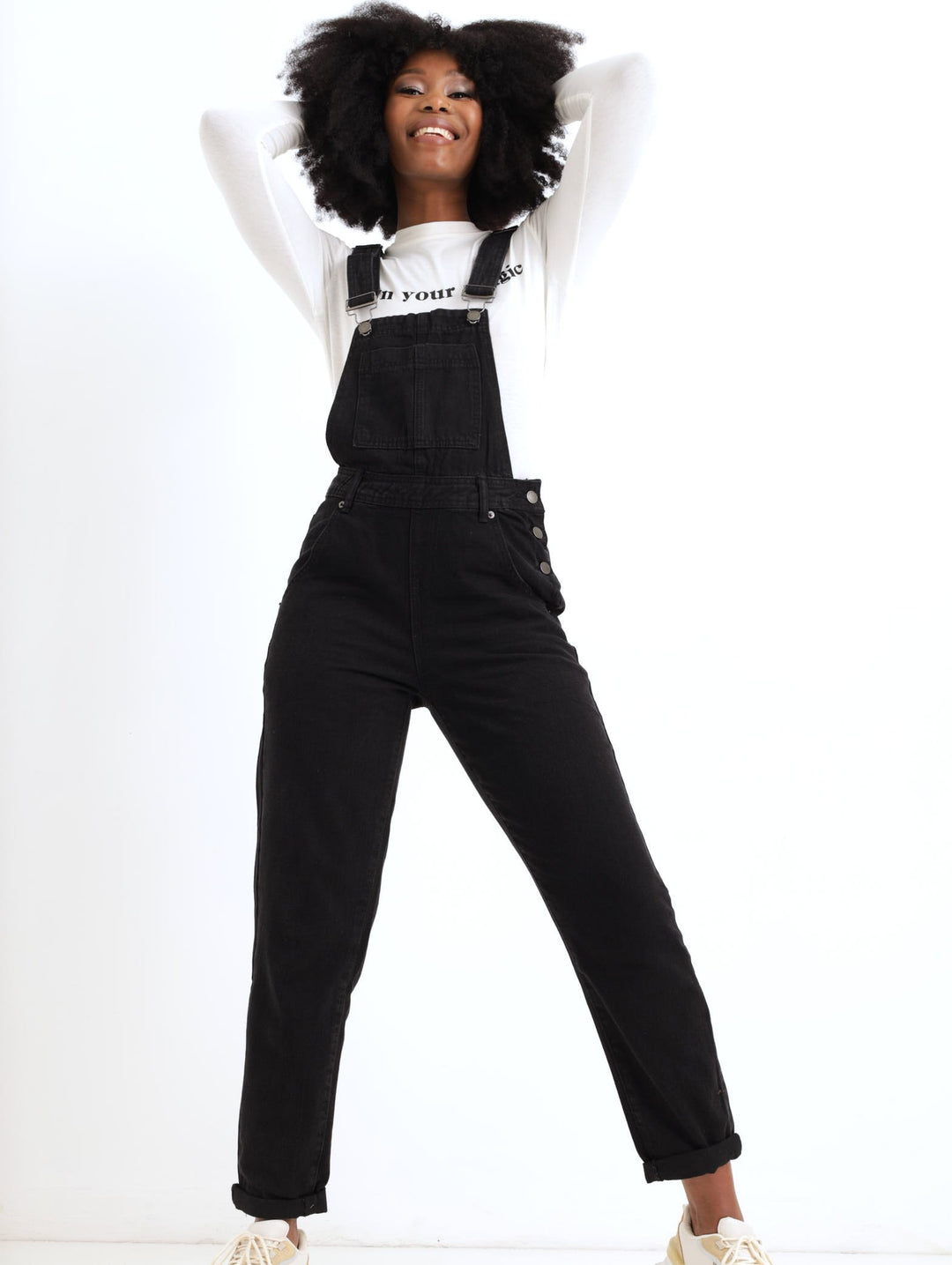 Ladies Black Bib & Brace Denim Mom Dungaree