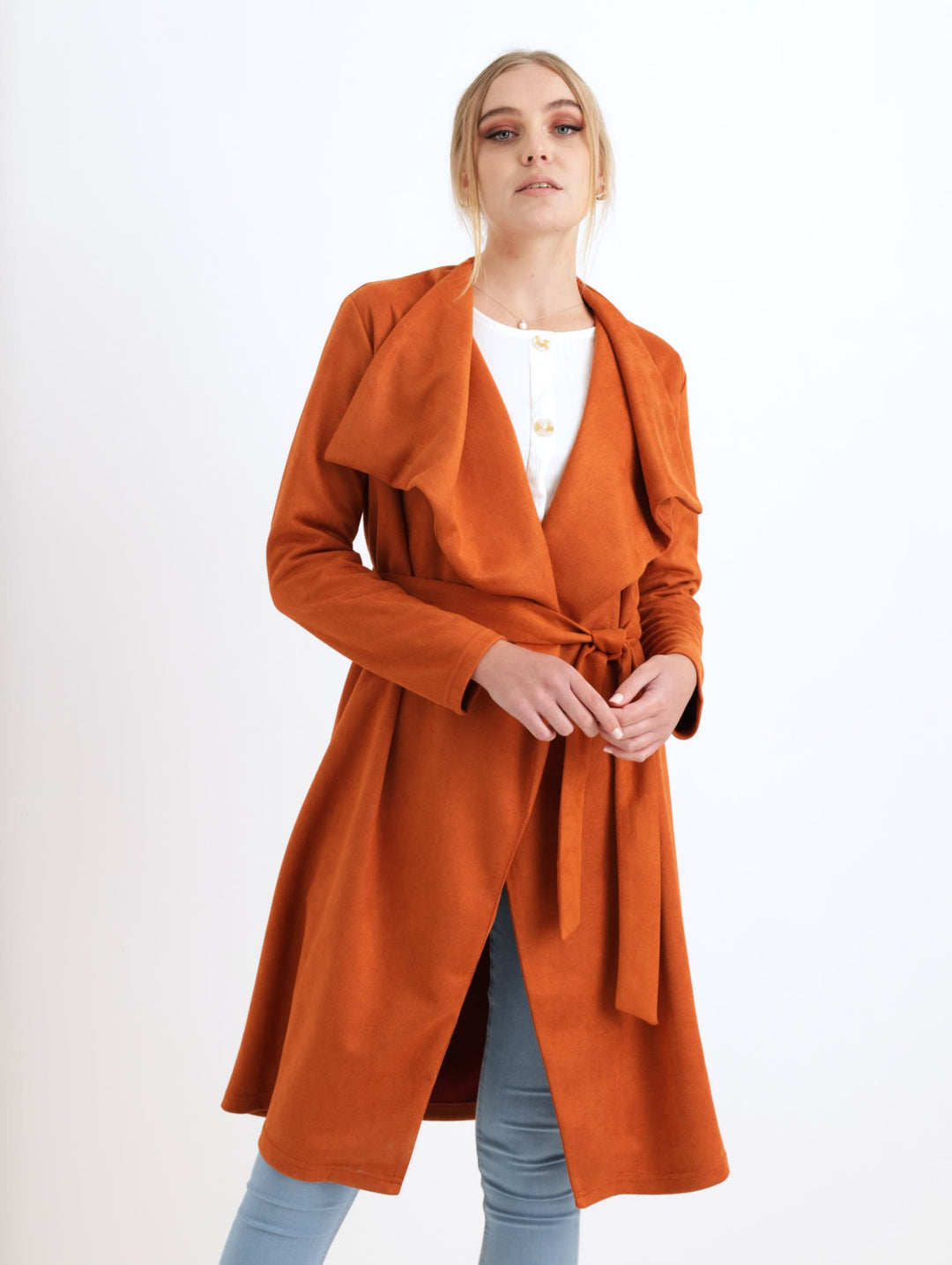 ladies Waterfall Suede Duster Jacket - Rust