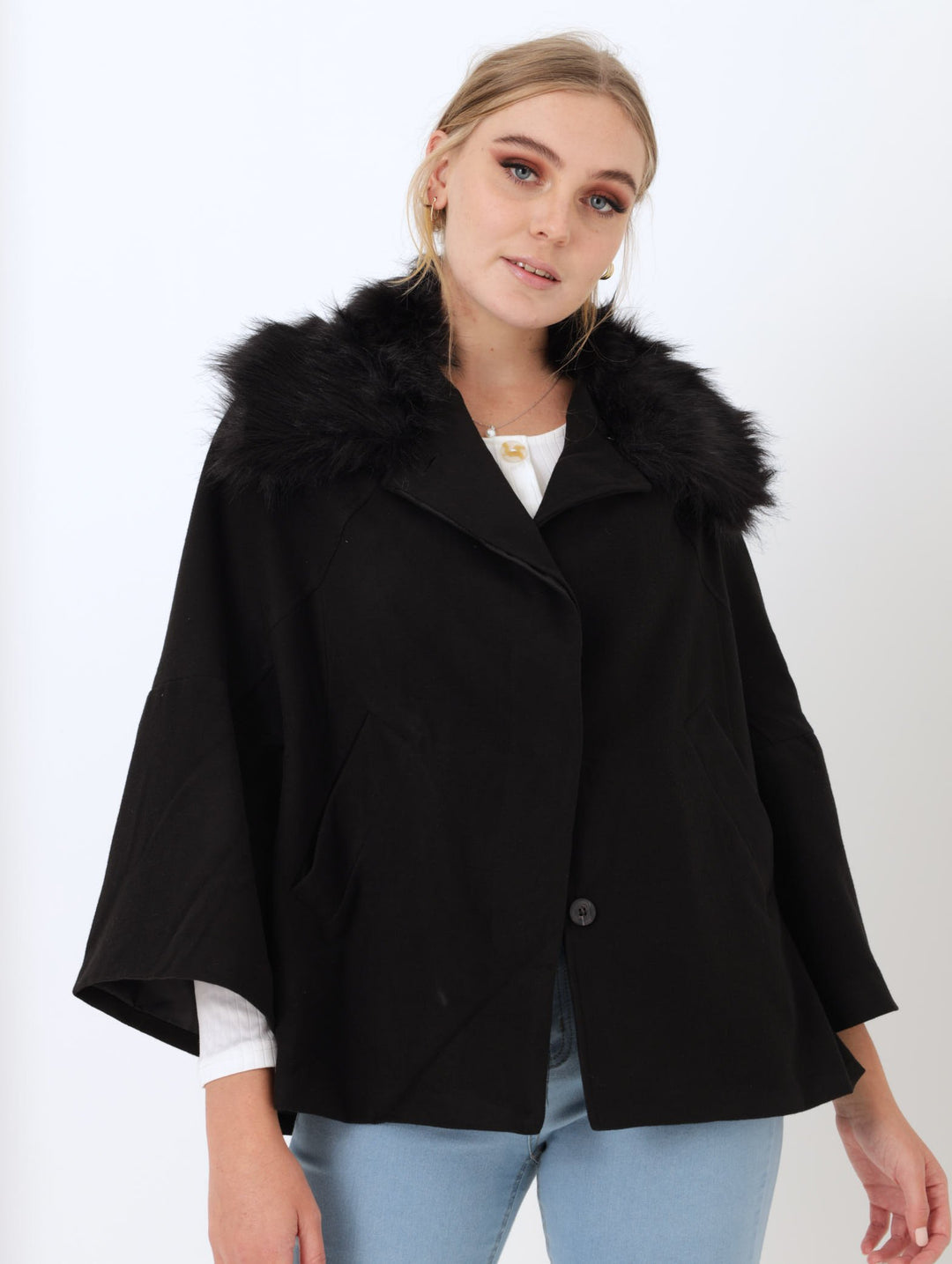 Ladies Fur Trim Swing Coat - Black