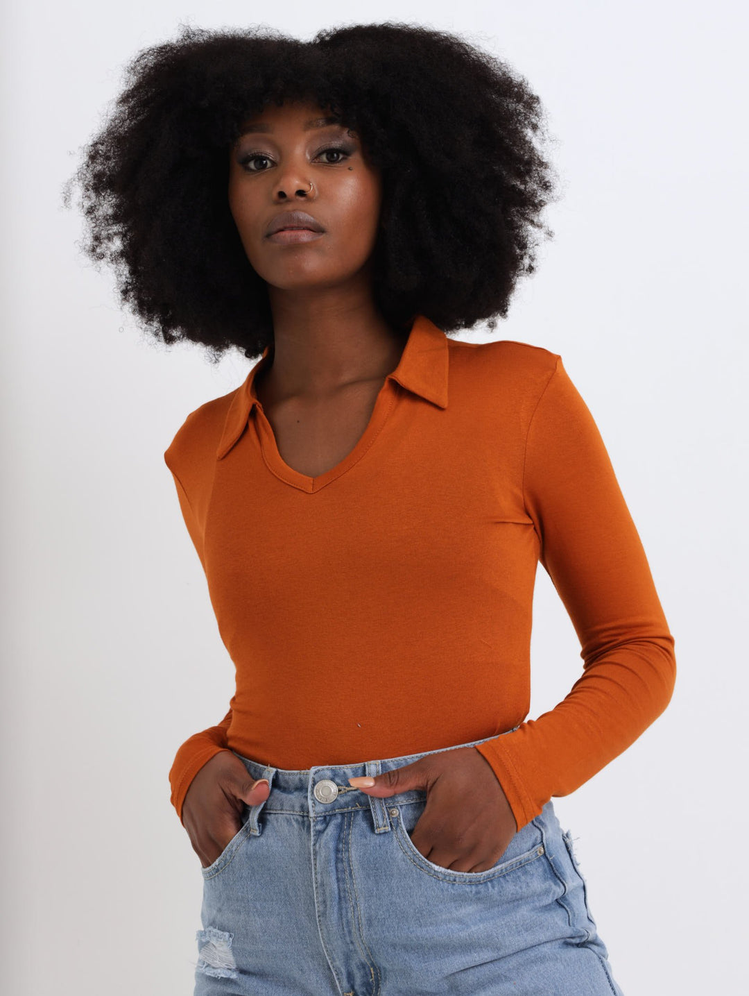 Ladies Collar Crop Top - Rust