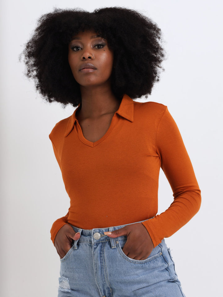 Ladies Collar Crop Top - Rust