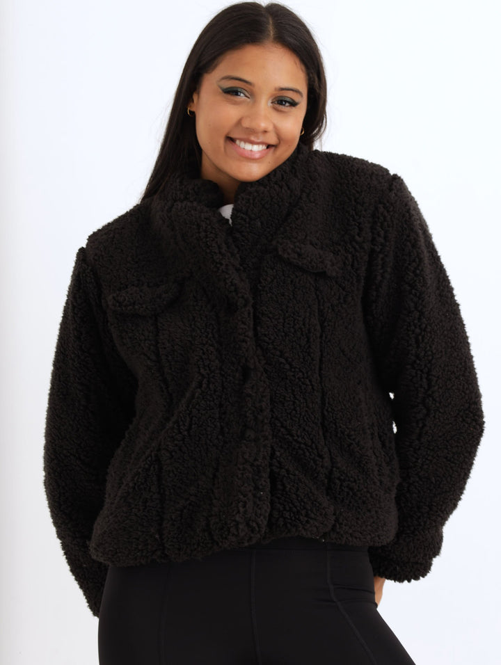 Ladies Cropped Teddy Fleece Jacket - Black