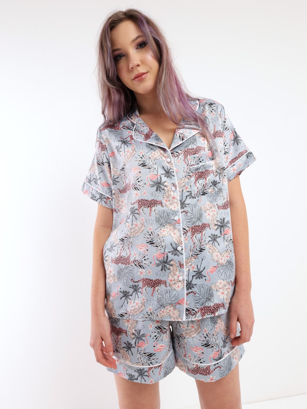 Ladies Flamingo Button Through PJ Set - Blue