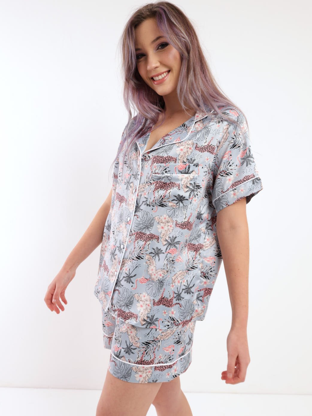 Ladies Flamingo Button Through PJ Set - Blue