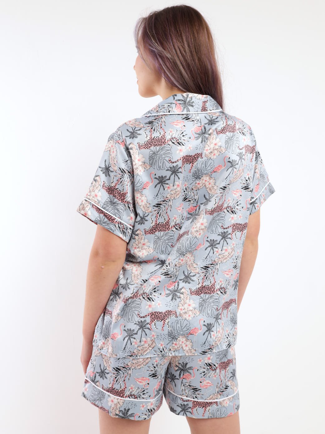Ladies Flamingo Button Through PJ Set - Blue