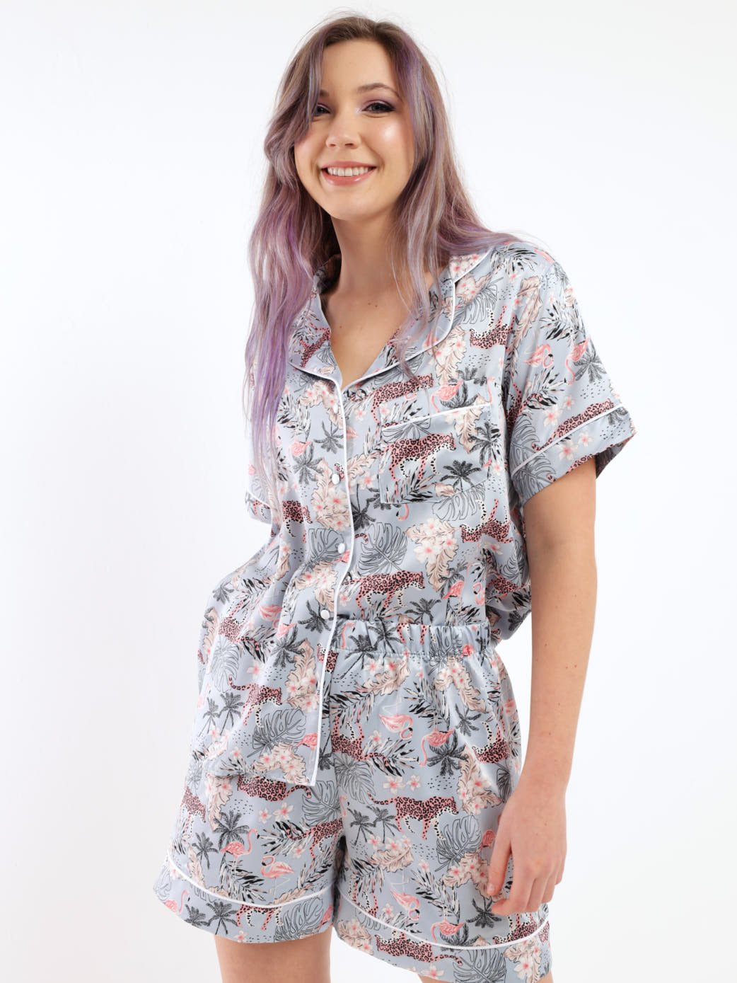 Ladies Flamingo Button Through PJ Set - Blue