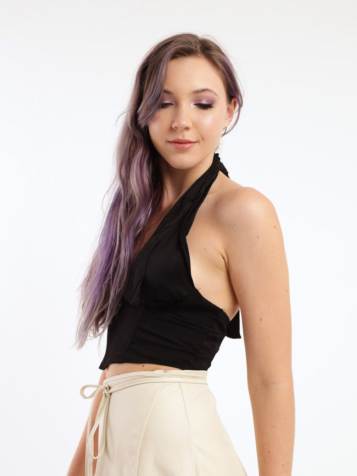 Ladies Satin Corset Halter Top - Black