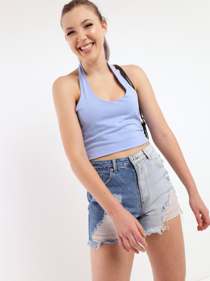 Ladies Halter Cropped Top - Light Blue