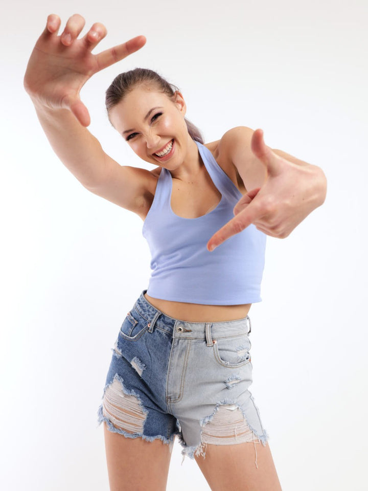 Ladies Two-Tone Denim Cheeky Short - Blue