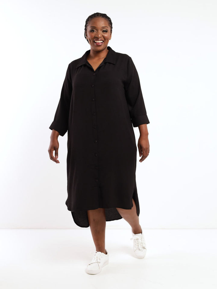 Ladies Hi-Low Shirt Dress - Black