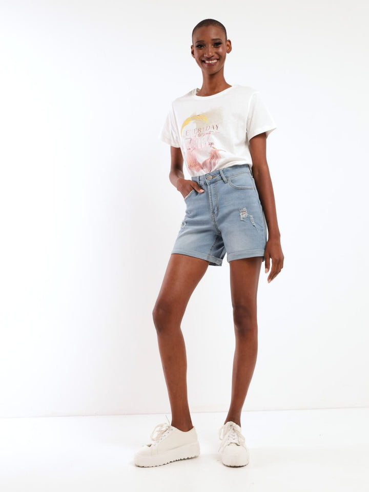 Ladies Mid Thigh Turn Up Abraised Short - Light Blue