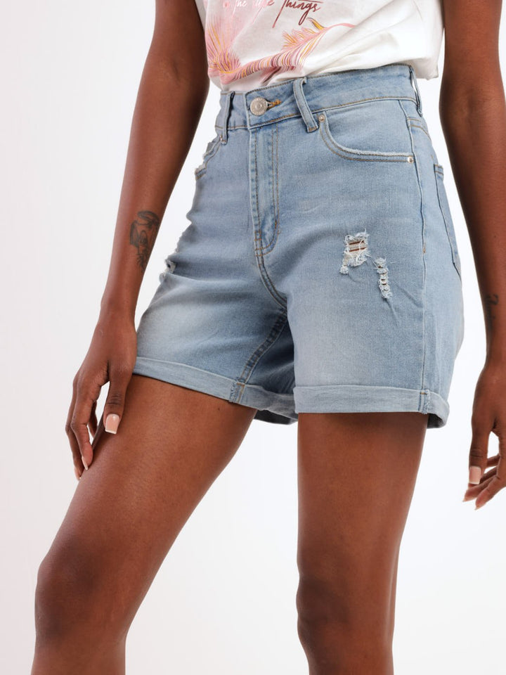 Ladies Mid Thigh Turn Up Abraised Short - Light Blue