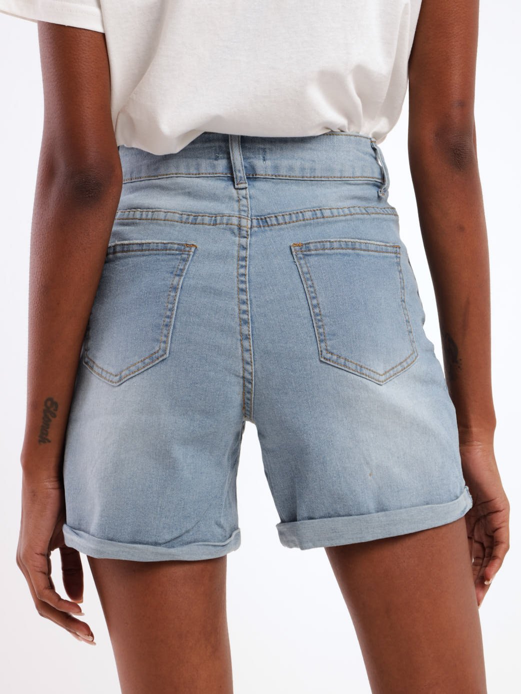 Ladies Mid Thigh Turn Up Abraised Short - Light Blue