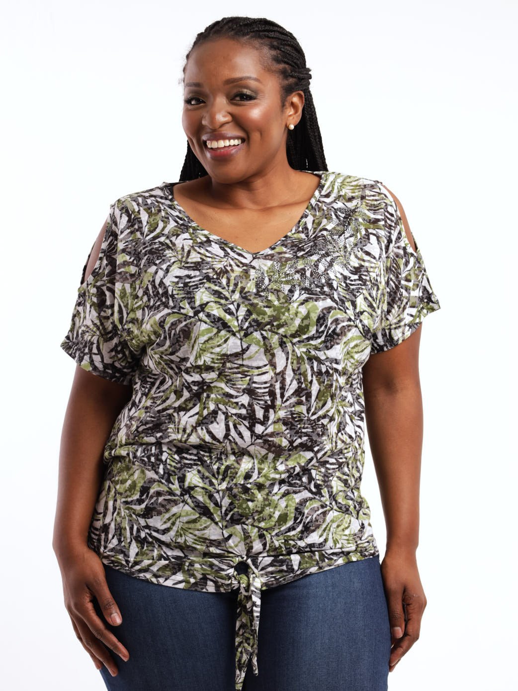 Ladies Cold Shoulder Top With Front Tie