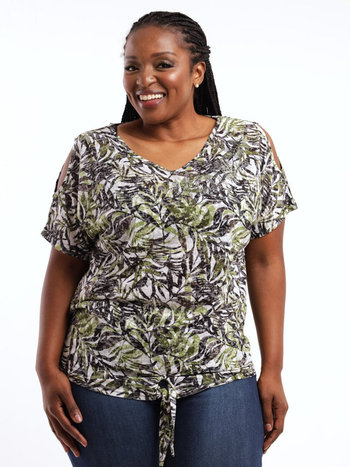 Ladies Cold Shoulder Top With Front Tie