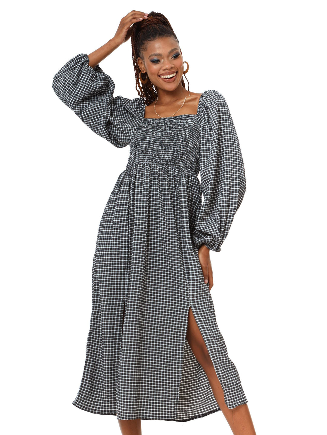 Ladies Check Large Sleeve Dress Black/White - Main Image