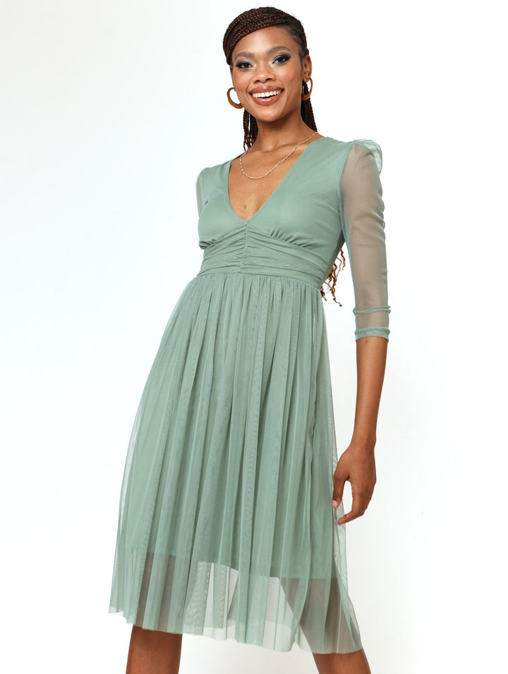 Ladies 3/4 Sleeve Prom Dress - Sage
