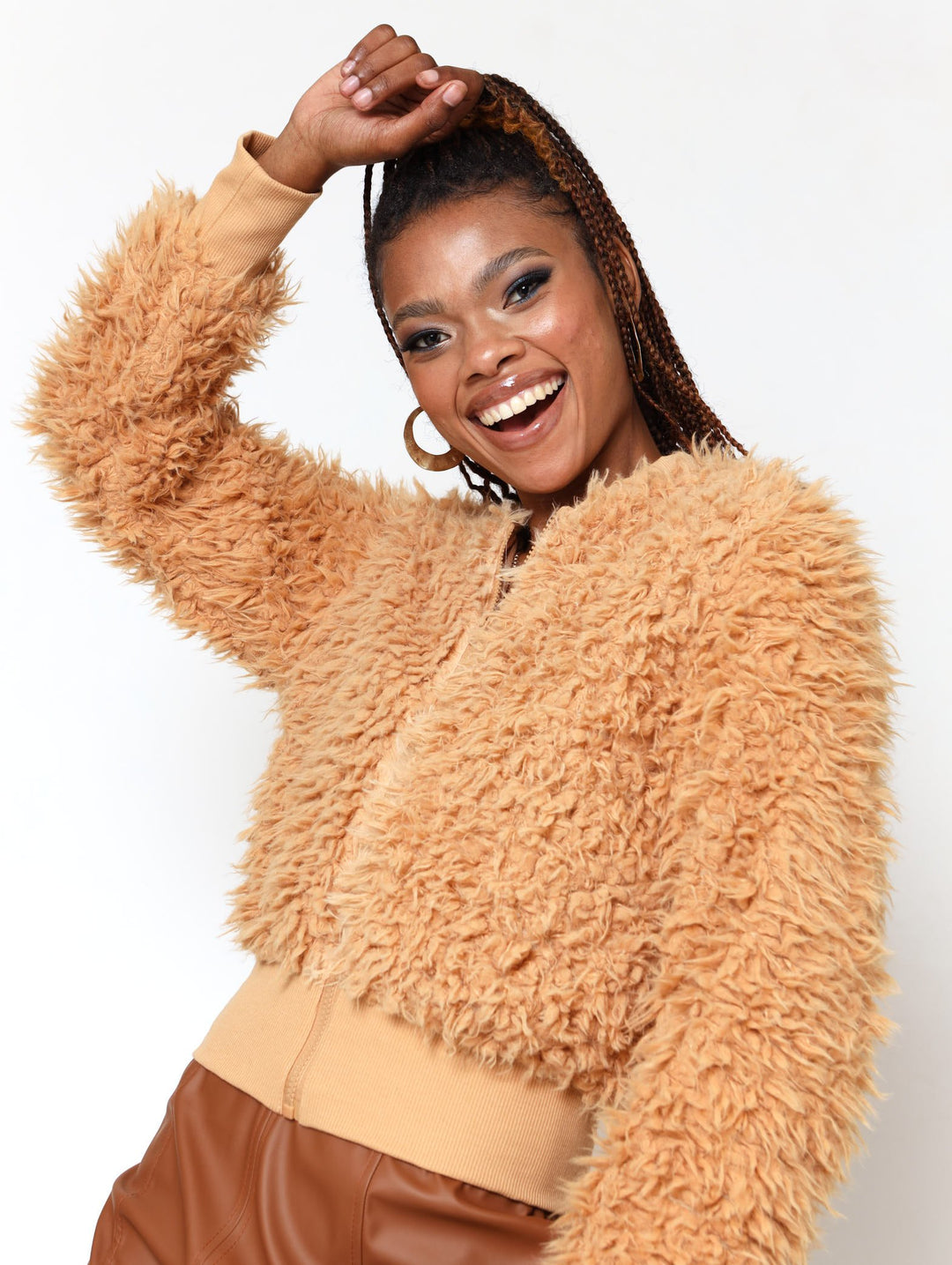 Ladies Fluffy  Bomber Jacket - Stone