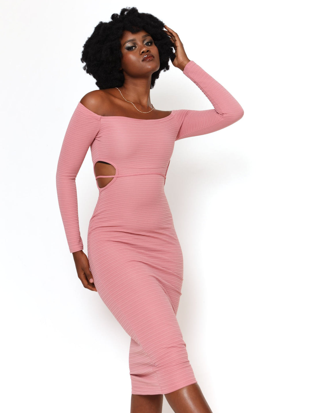 Ladies Long Sleeve Waist Peep Out Bodycon Dress - Blush