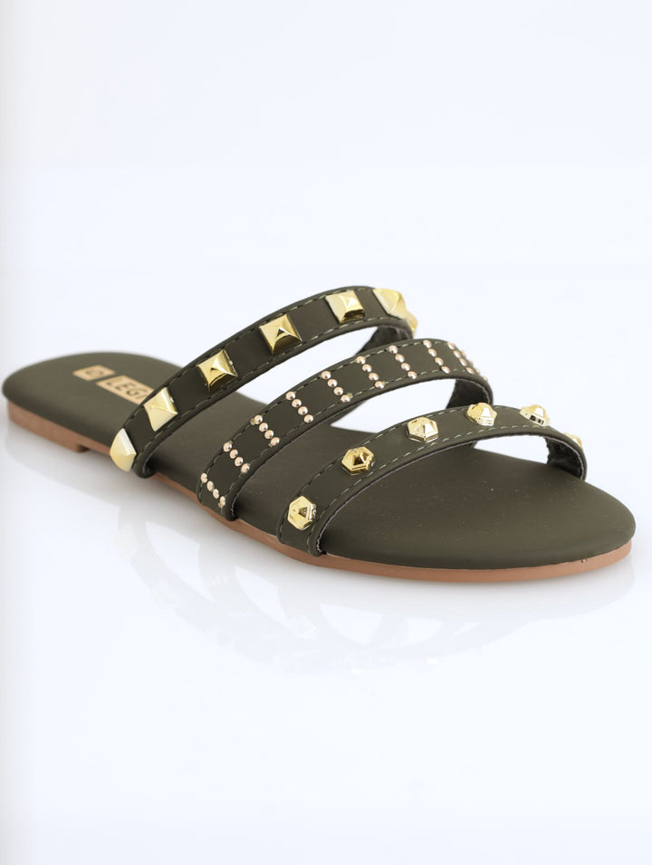 Ladies Three Strap Studde Mule - Fatigue