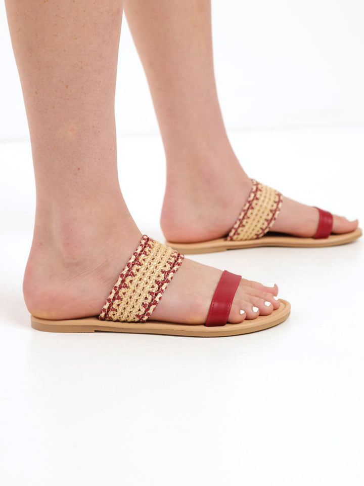 Ladies Weave And PU Strap Mule Sandal - Red