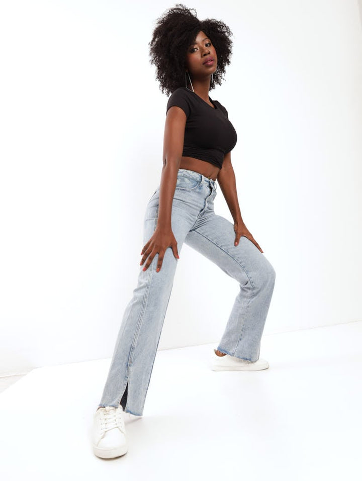 Ladies Salty Light Wash Panelled Split Hem Denim Dad Jean