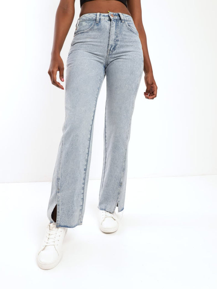 Ladies Salty Light Wash Panelled Split Hem Denim Dad Jean
