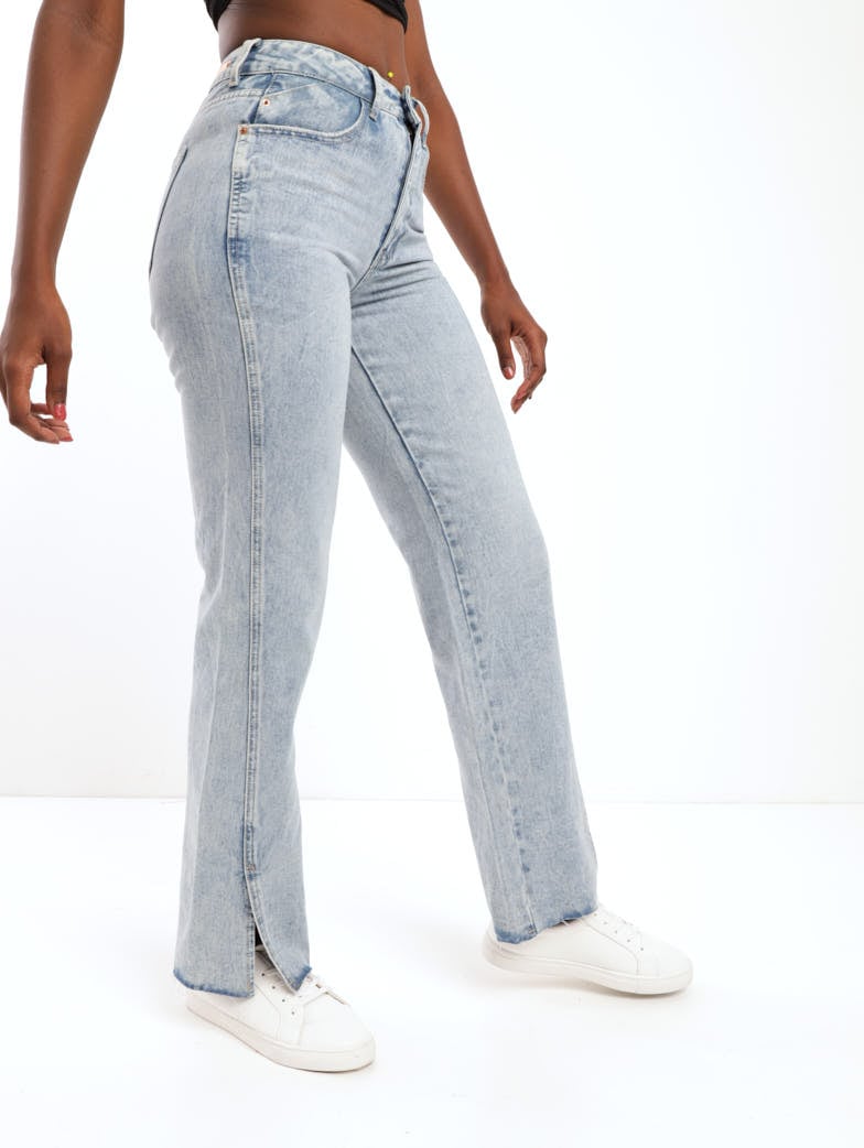 Ladies Salty Light Wash Panelled Split Hem Denim Dad Jean