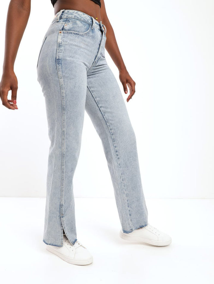 Ladies Salty Light Wash Panelled Split Hem Denim Dad Jean