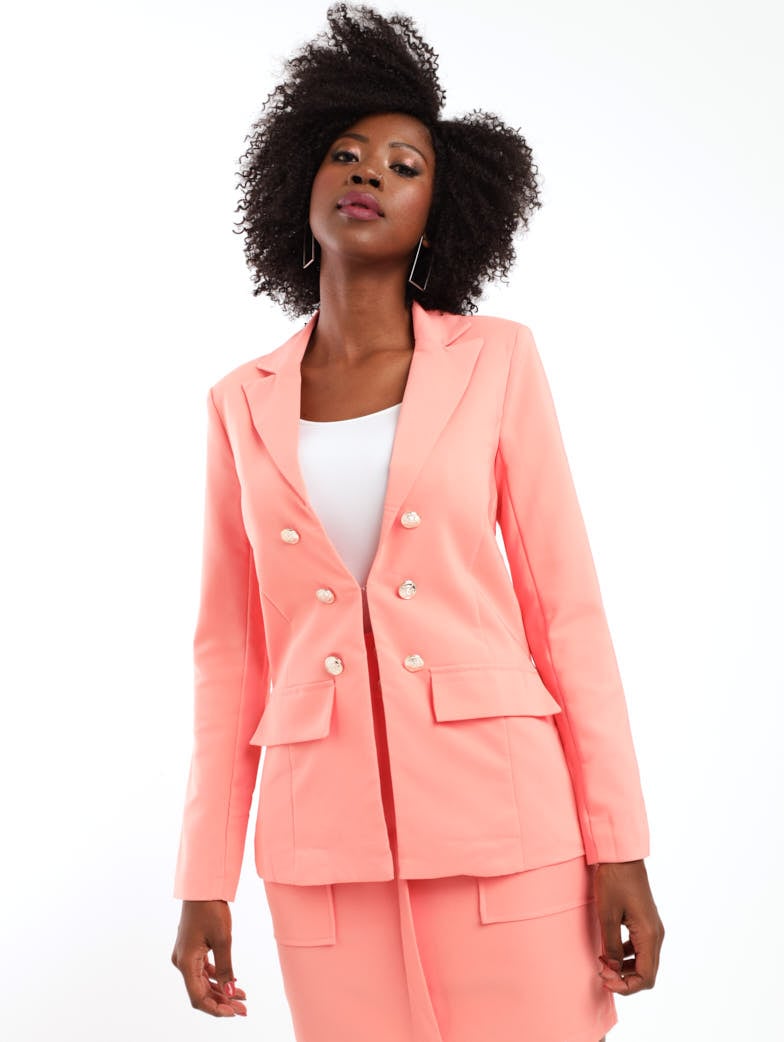 Ladies Button Detail Blazer - Coral