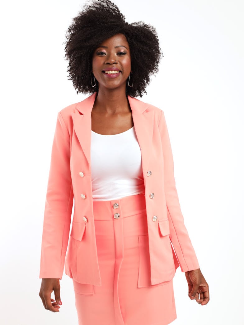 Ladies Button Detail Blazer - Coral