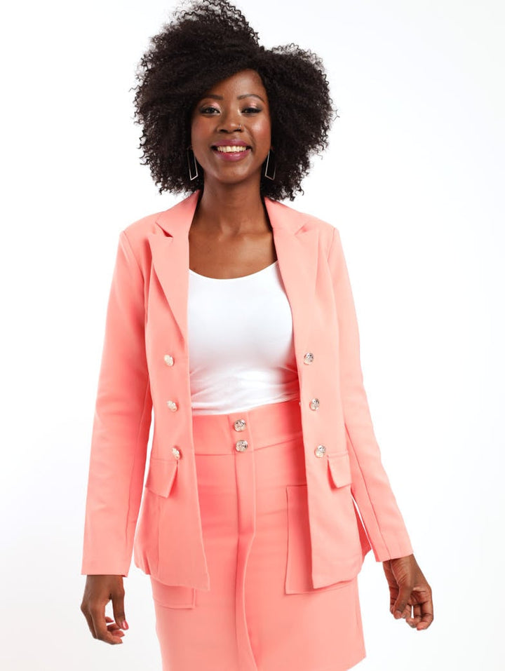 Ladies Button Detail Blazer - Coral