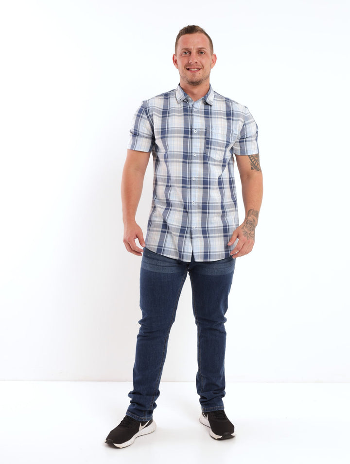 Men's Short Sleeve Check Shirt - Blue