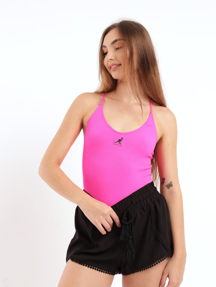 Ladies Low Plunge Cross-Over Ribbed Bodysuit - Bright Pink