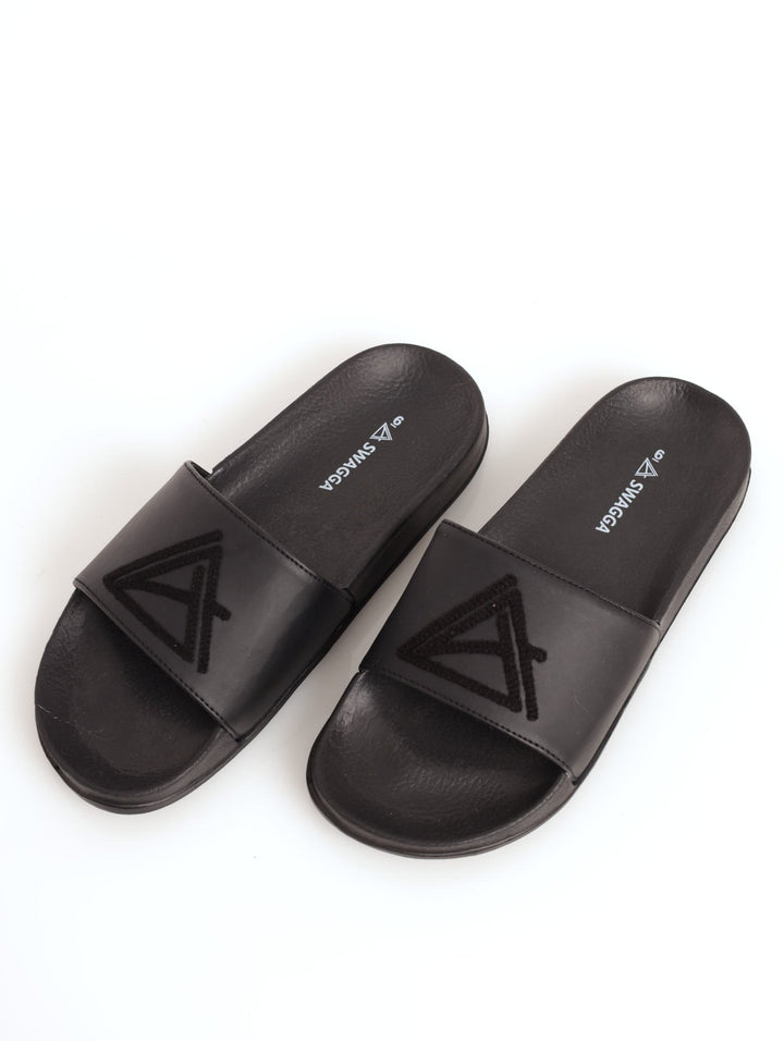 Men's Flocking Logo Upper Pool Slide Sandal - Black