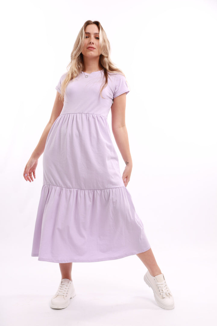 Ladies Roll Sleeve Tiered Midi Dress - Lilac