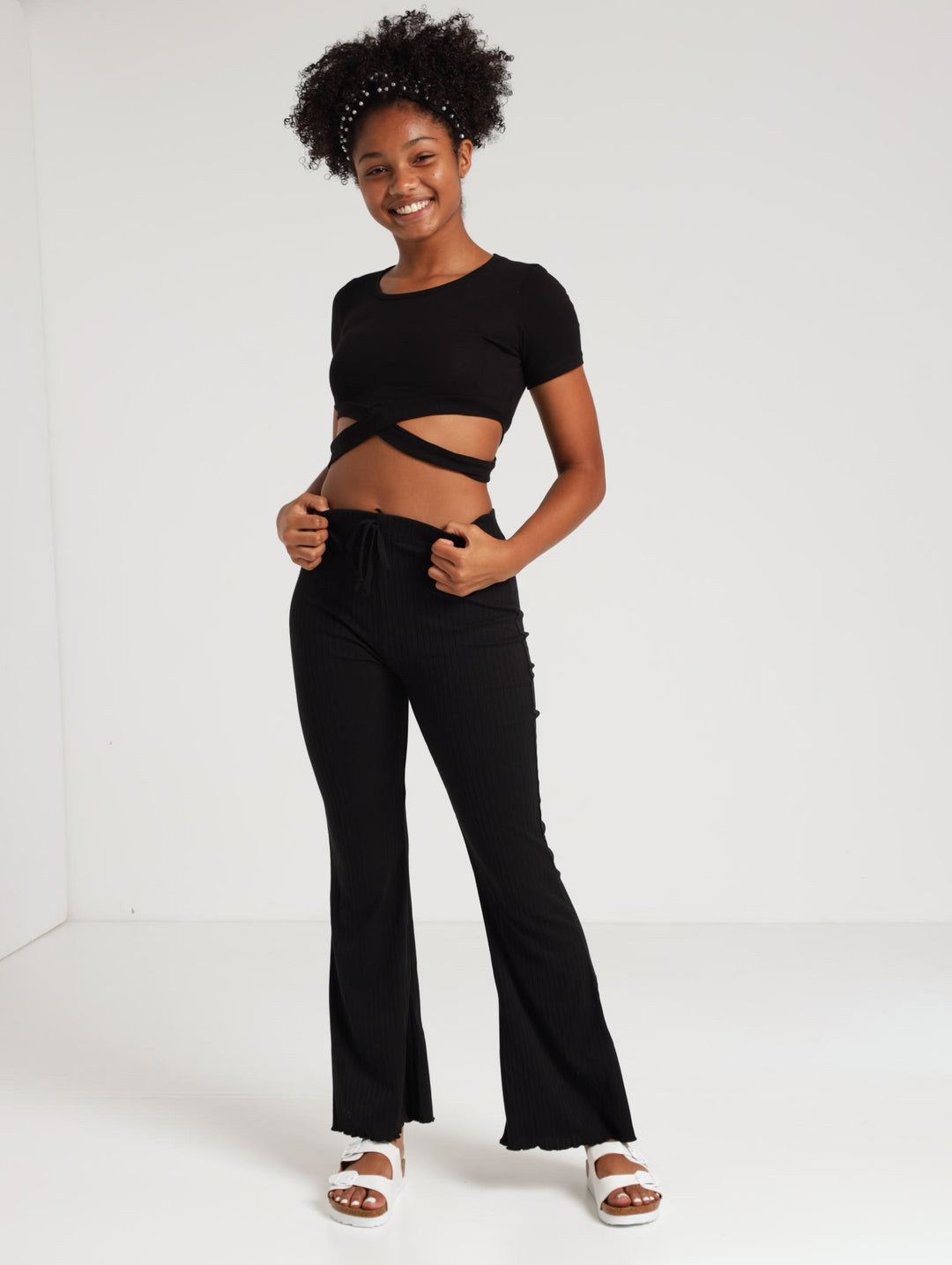 Girls Flare Rib Pant - Black