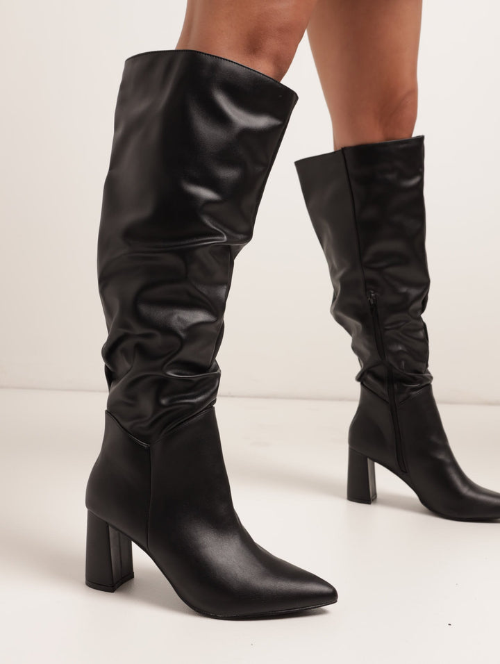 Block Heel Womens Boots Black Knee High Ladies Knee-High Pointed